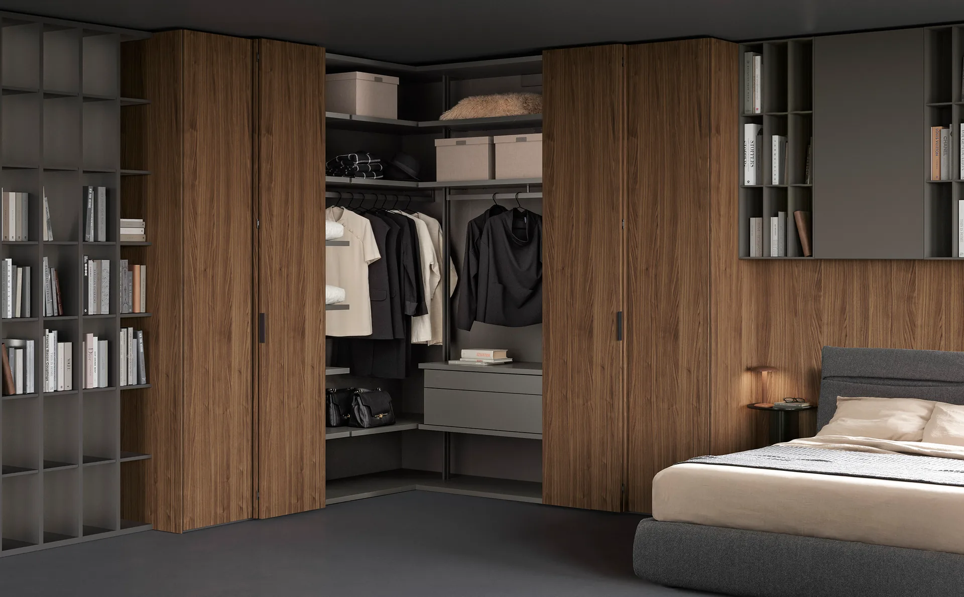 Caccaro closet – Woodgrain House Angolo Ad Apertura Totale