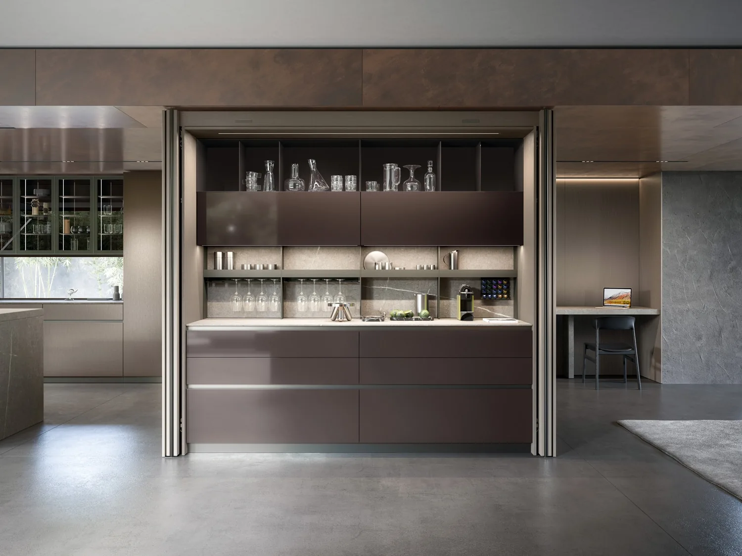 Armony Cucine kitchen – Hide System With Bifolding Pocket Doors In Laminam Brunito Melamine 2