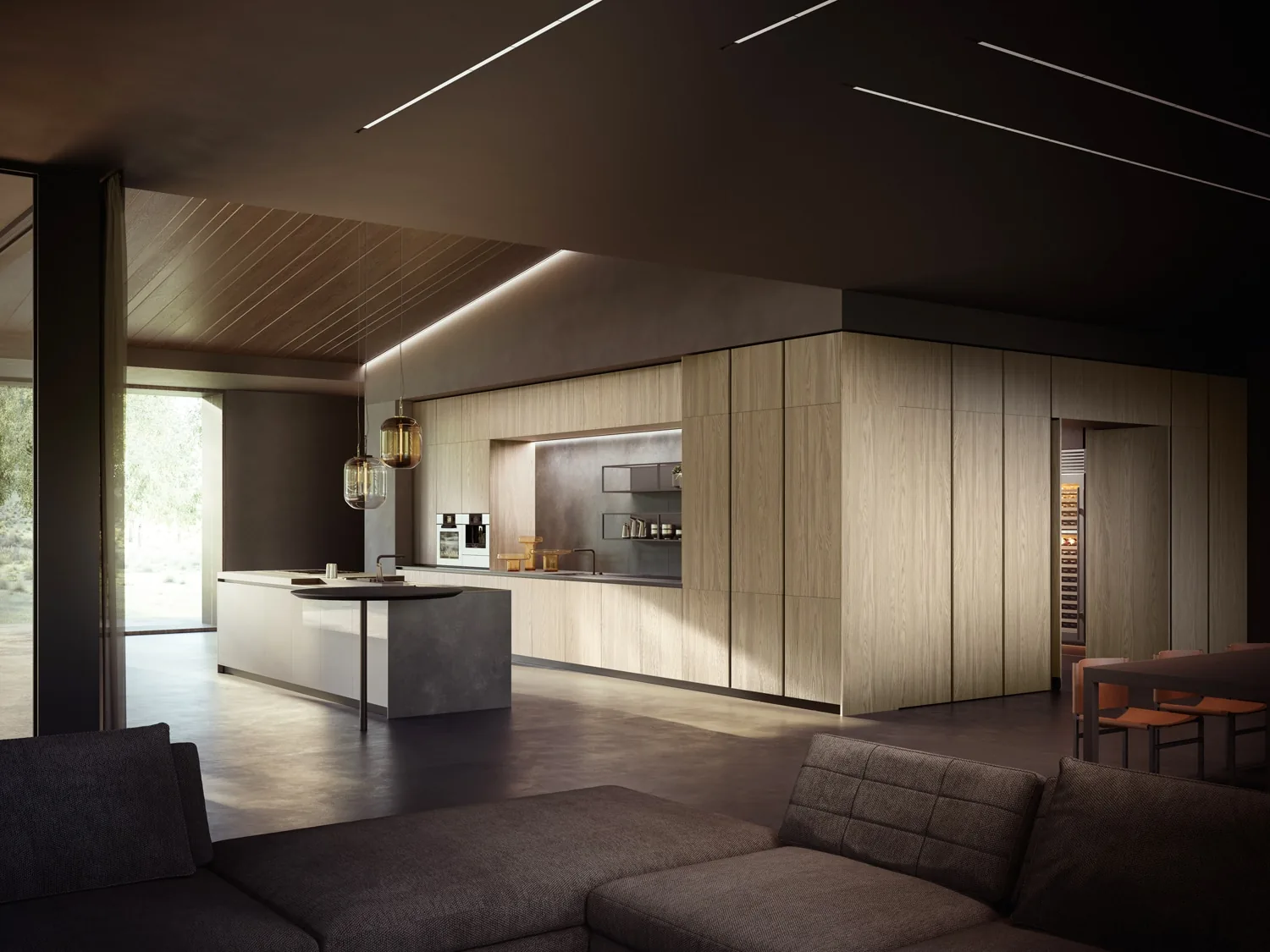 Armony Cucine kitchen – Milano Wood Melamine Continue Around Corner With Pivot Door In Same Fi